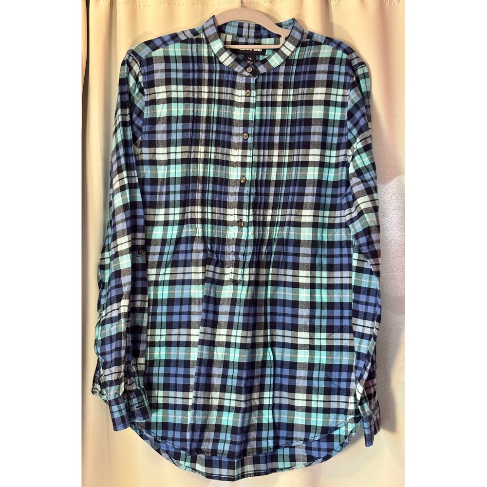 Lands End Womens Blue Plaid Flannel Pintuck Tunic Band Collar Roll Tab Shirt 14